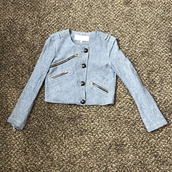 Bensoni Linen Jacket 0 Moto / Biker Cropped Light Blue Pockets Lined - Picture 7 of 12